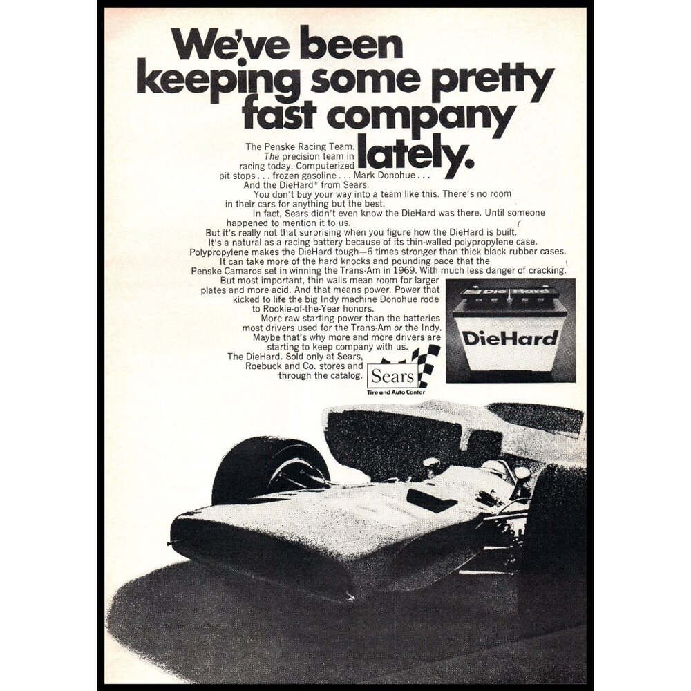 1970 Sears DieHard Car Battery Batteries Vintage Print Ad Roger Penske Wall Art